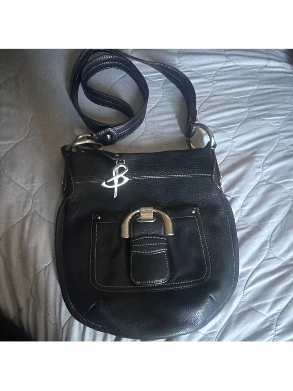 B.Makowsky Black Leather Crossbody Bag with Front Buckle